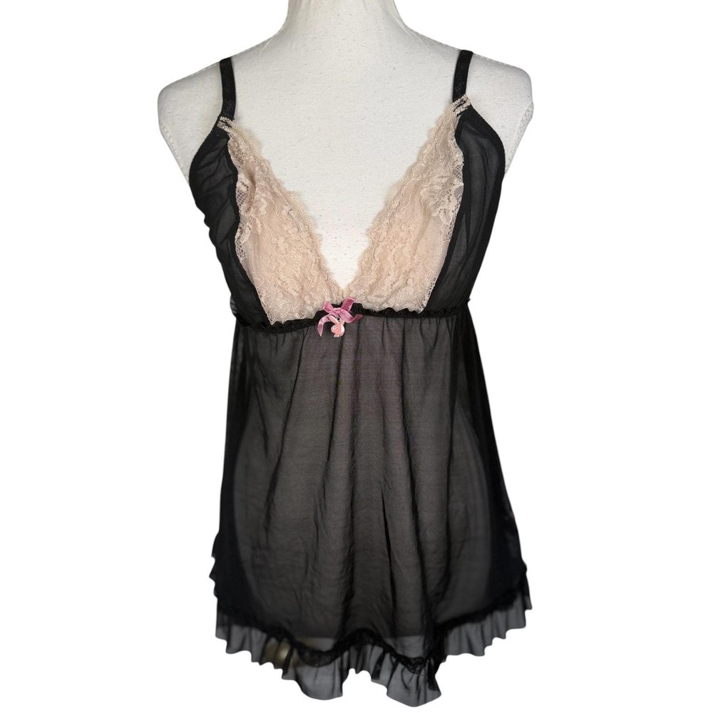Playboy Babydoll Lingerie Vintage Womens Rare L Black Sheer Lace Bunny Y2K Pink
